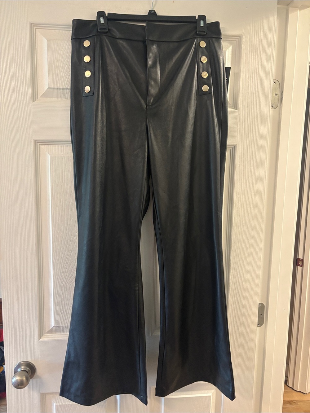 INC International Concepts Black Faux Leather Flare Pants with Gold Buttons